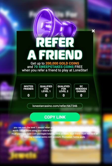 LoneStar Casino Refer a Friend promotion with details on how to invite and earn rewards