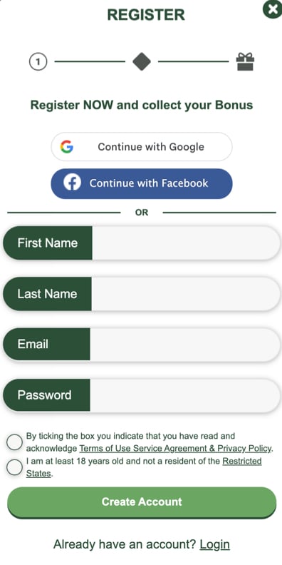 LoneStar Casino registration page showing fields for name, email, and password with no promo code needed to sign up