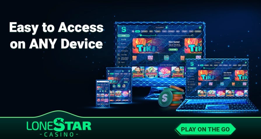 LoneStar Casino banner highlighting compatibility with smartphones, tablets, laptops, and other devices