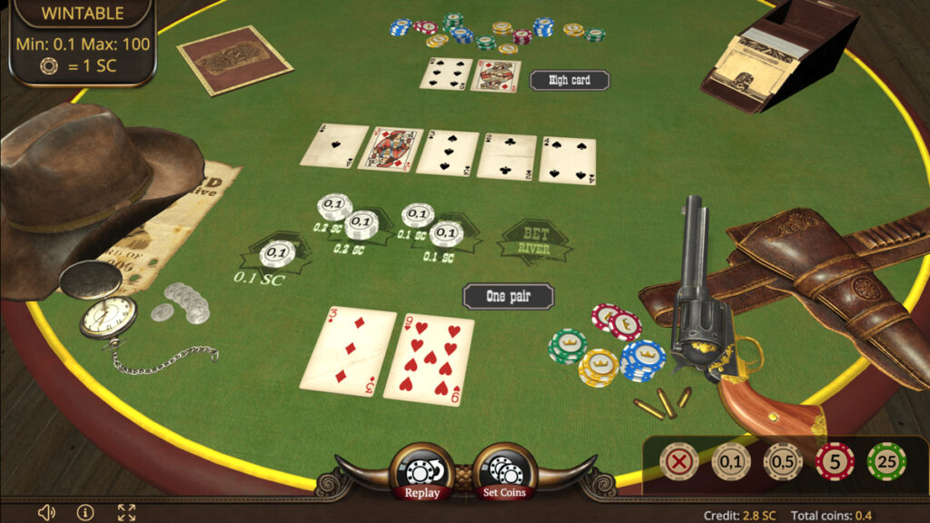 Online poker game against the house at a South Carolina sweepstakes casino, showing virtual cards and bet options