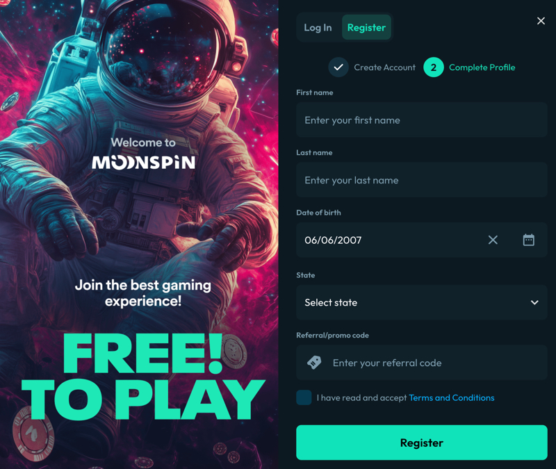 Moonspin.us sign-up page with optional promo code or referral code field during account registration
