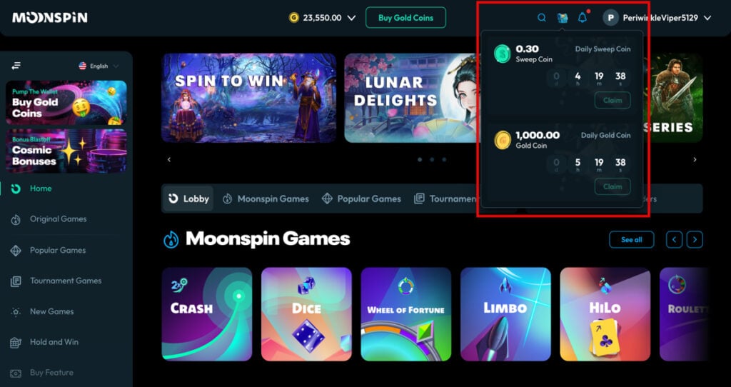 Moonspin Daily Login Bonus section showing where to claim free Gold Coins and Sweeps Coins after logging in