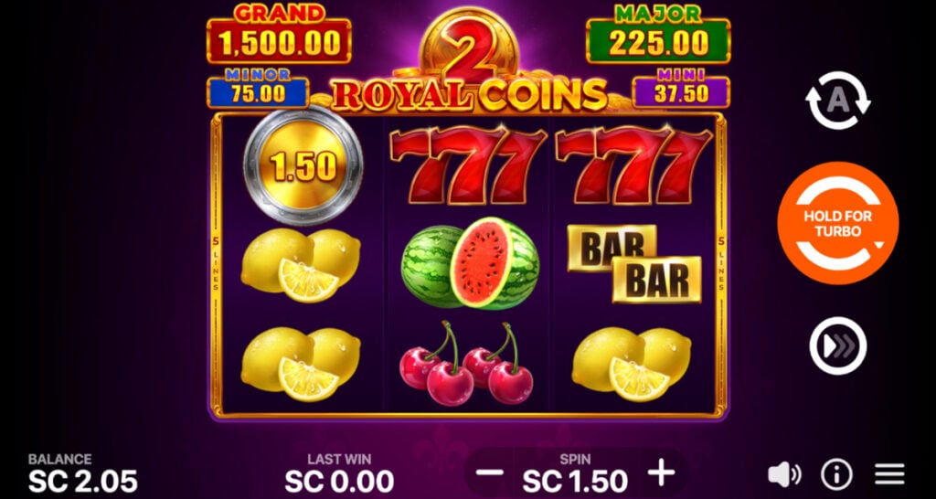 Royal Coins 2 slot being played at Jackpota Casino, with bright fruit symbols and the Royal Bonus feature.