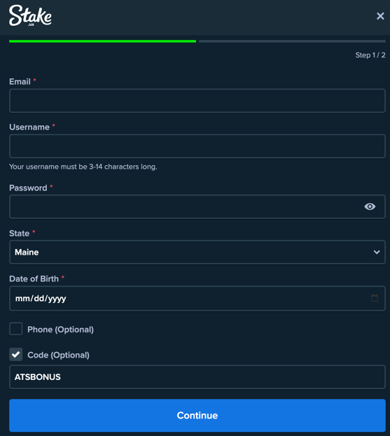 Stake.us registration page with Maine promo code entered, showing sign-up form fields for name, email, and date of birth