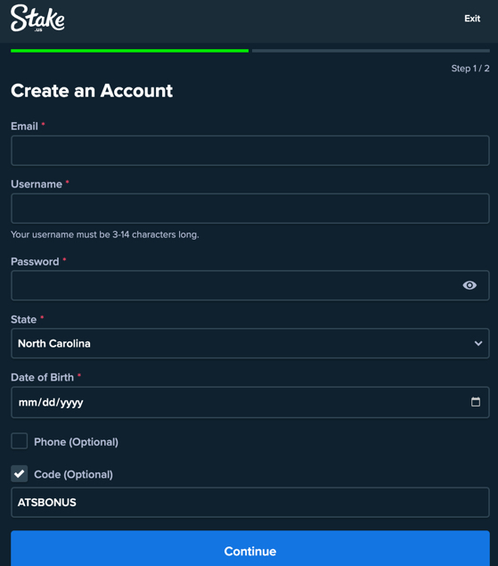 Stake.us registration page showing promo code field for new users in North Carolina