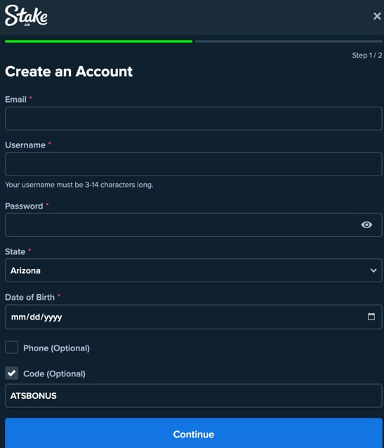 Stake.us registration form with the promo code field filled in, showing how to claim the no-deposit bonus in Arizona
