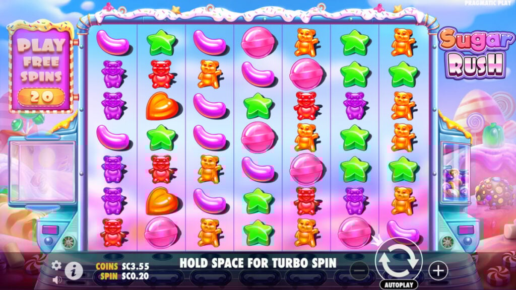 Playing Sugar Rush slot at Jackpota Casino, featuring colorful candy symbols and cascading cluster wins.