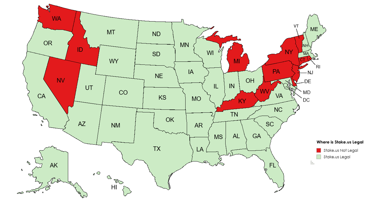 Map showing which U.S. states allow or restrict access to Stake.us sweepstakes casino, including legal and banned states.