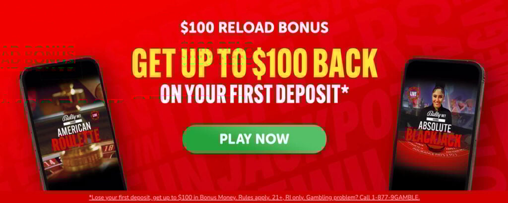 Bally Bet Casino promotion for new players in Rhode Island offering a $100 reload bonus