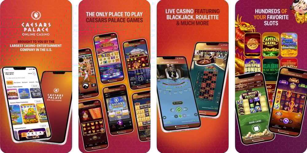 Caesars Palace Online Casino WV app preview, featuring exclusive slots and live dealer games