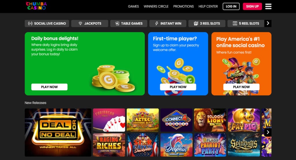 Chumba Casino website showing newly-released games and latest promotions in Maryland