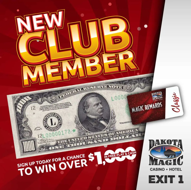 New member promotion details for the Magic Rewards Club at Dakota Magic Casino & Hotel