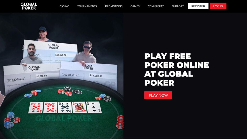 Global Poker homepage showing recent winners and virtual poker table
