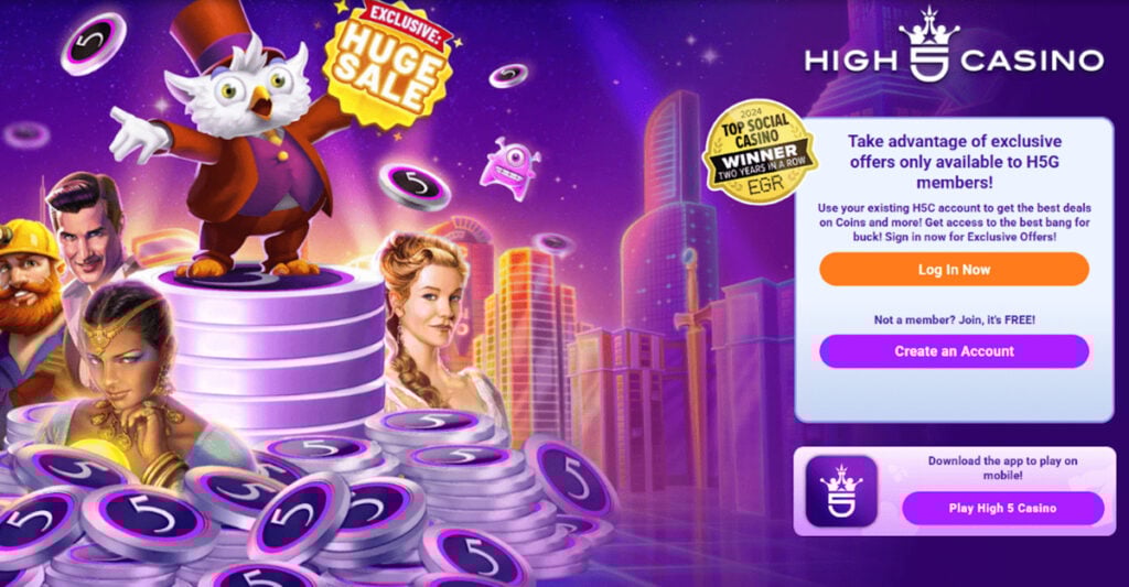 High 5 Casino registration page with exclusive welcome offer and mobile app promotion