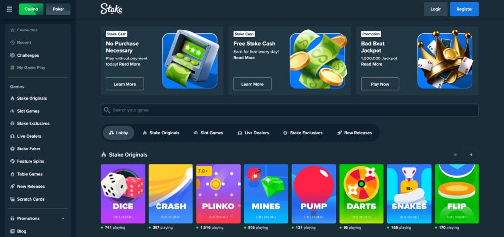 Stake US Casino lobby featuring Stake Original games and ongoing promotions