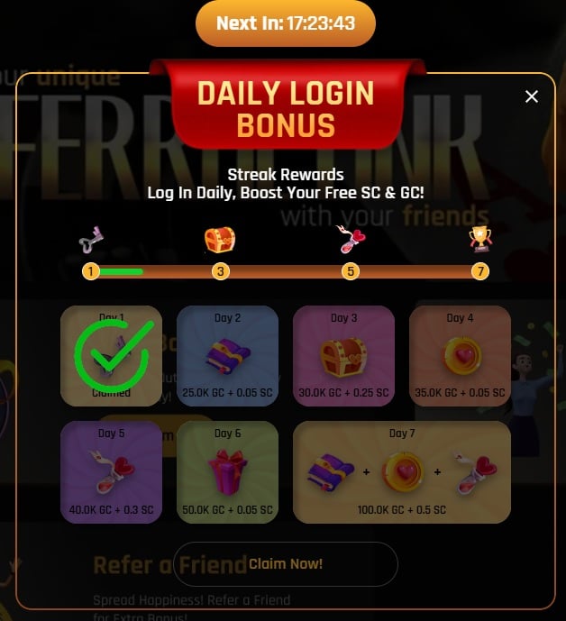 Daily Login Bonus pop up at The Money Factory