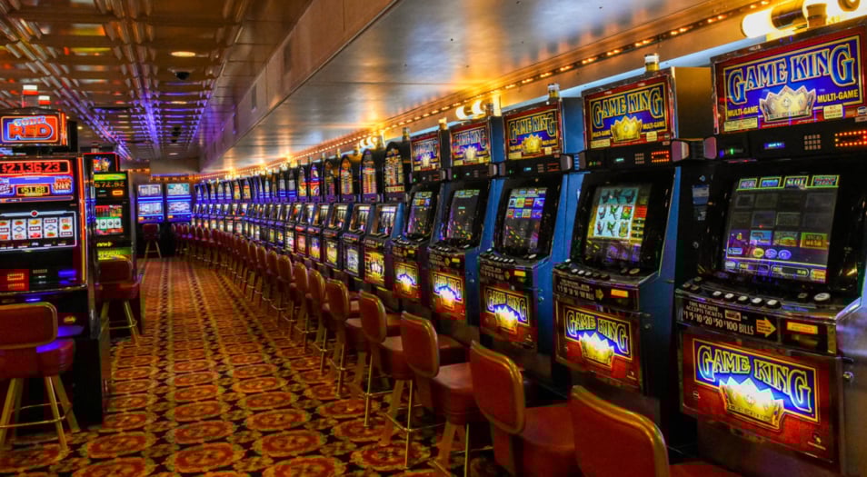 Slot machines and casino floor inside the Big M Casino cruise ship in South Carolina