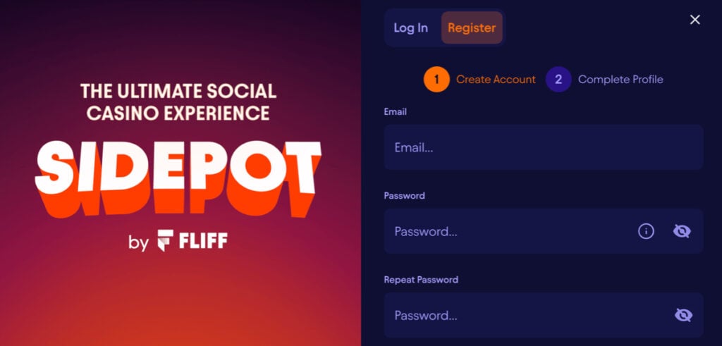 Sidepot Casino sign-up page for new players in Minnesota