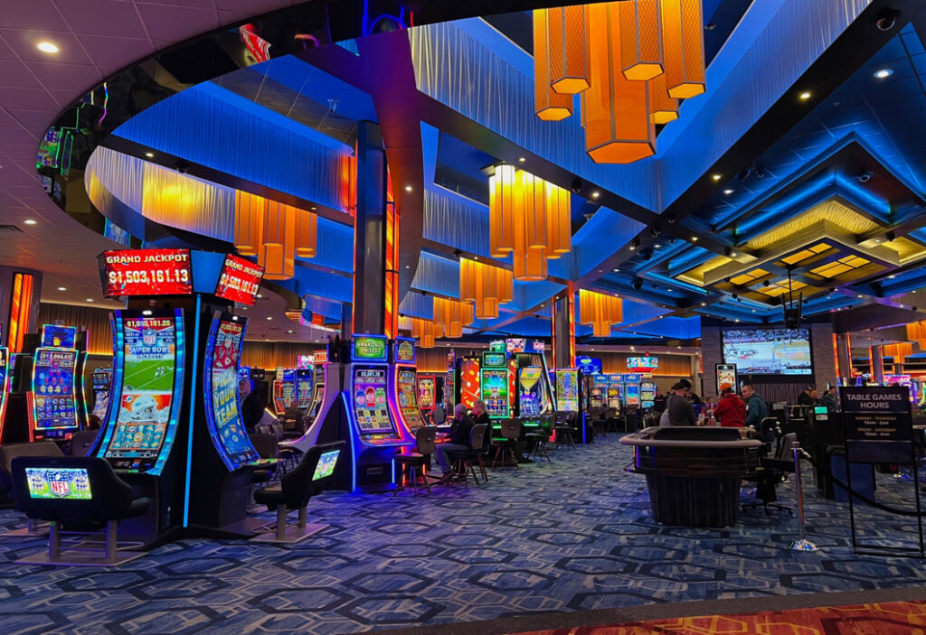 Slot machines and players on the casino floor at Spirit Mountain Casino in Oregon