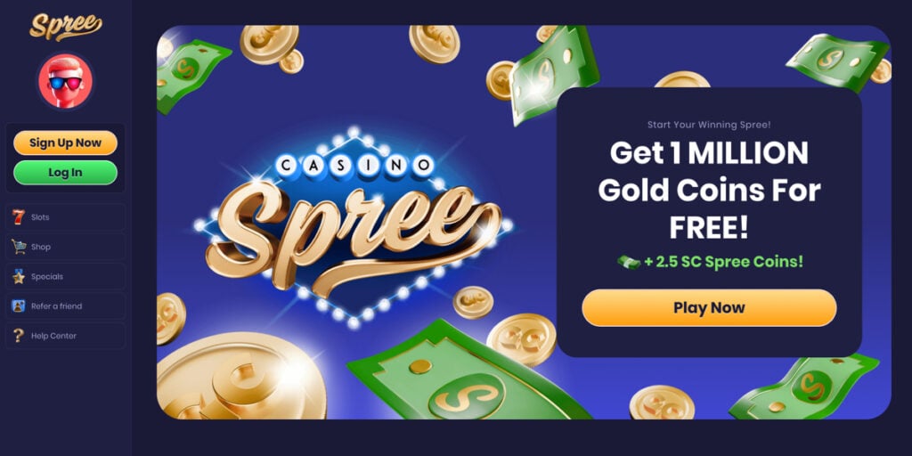 Spree Casino homepage showing the sign-up bonus for new players in Minnesota