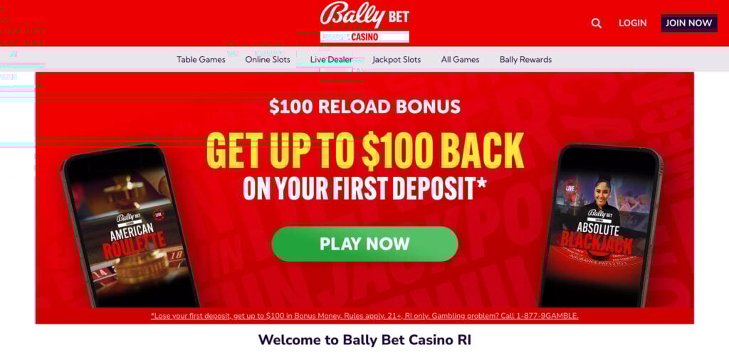 Welcome offer promotion shown on Bally Bet Casino Rhode Island website