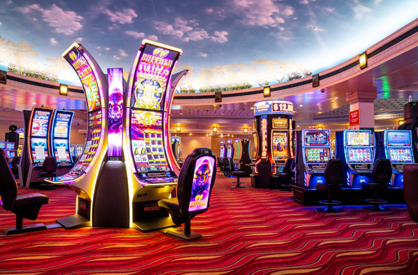 Rows of slot machines at Bally's Dover Casino Resort in Delaware