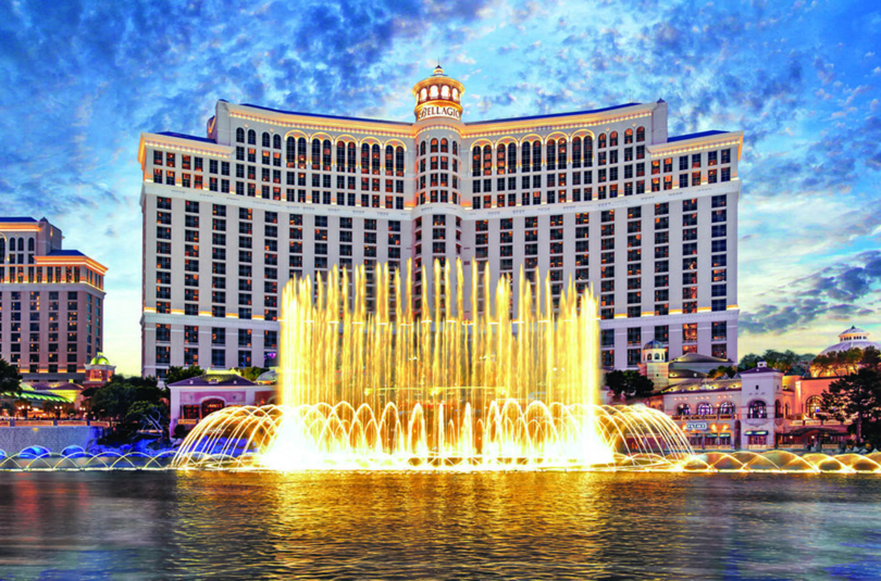 Bellagio Hotel and Casino in Las Vegas with its iconic fountains spraying water in front of the resort