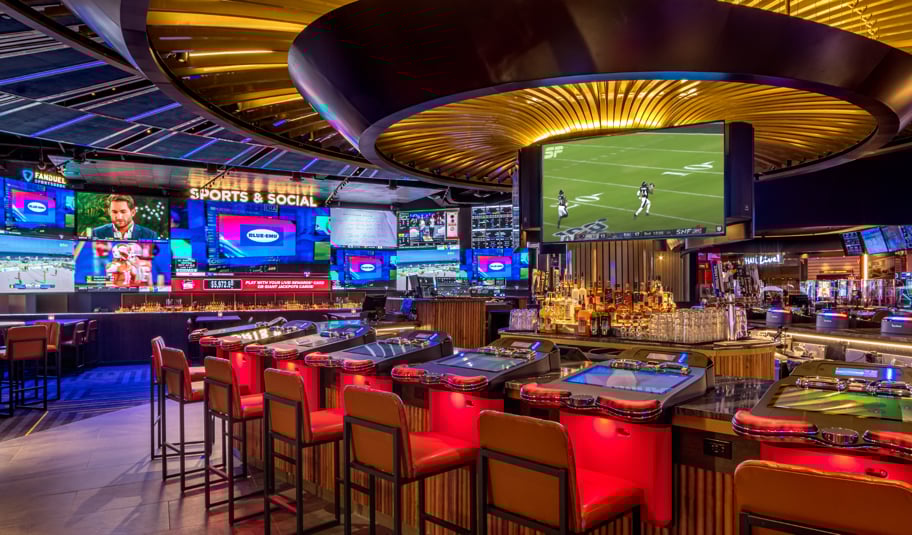 Bar area inside Live! Casino & Hotel Maryland near Washington DC, offering virtual casino games at each seat