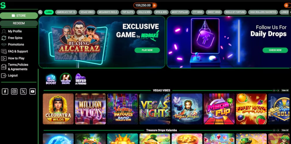 LoneStar Casino lobby with featured games and promotions