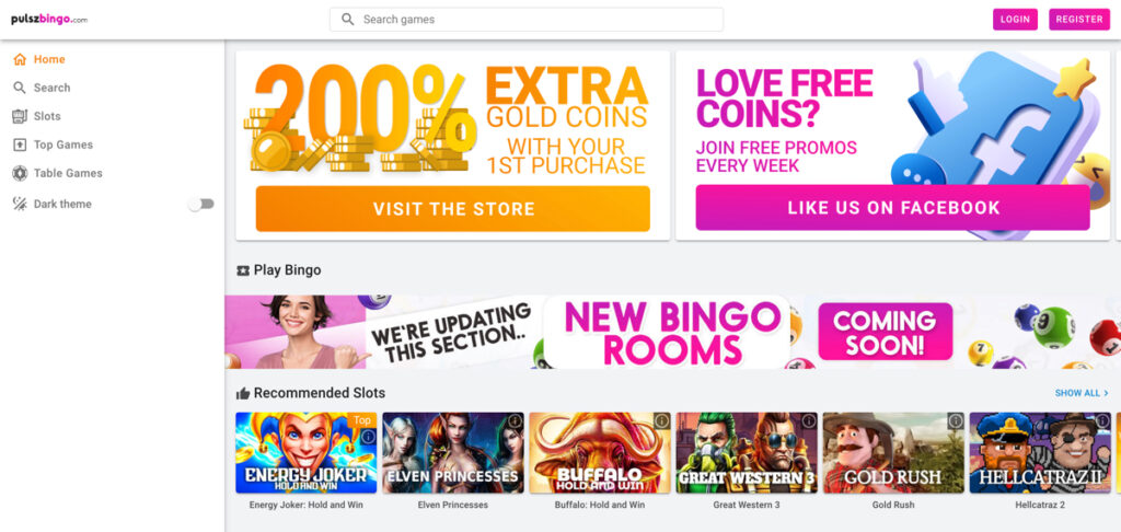 Pulsz Bingo lobby with social media promos and recommended slots being shown