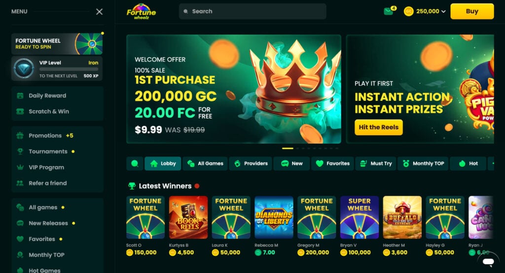 Fortune Wheelz Casino lobby showing welcome bonuses and latest winners