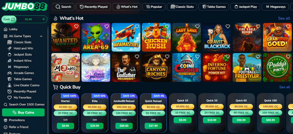 view of all the casino games Jumbo88 has to offer