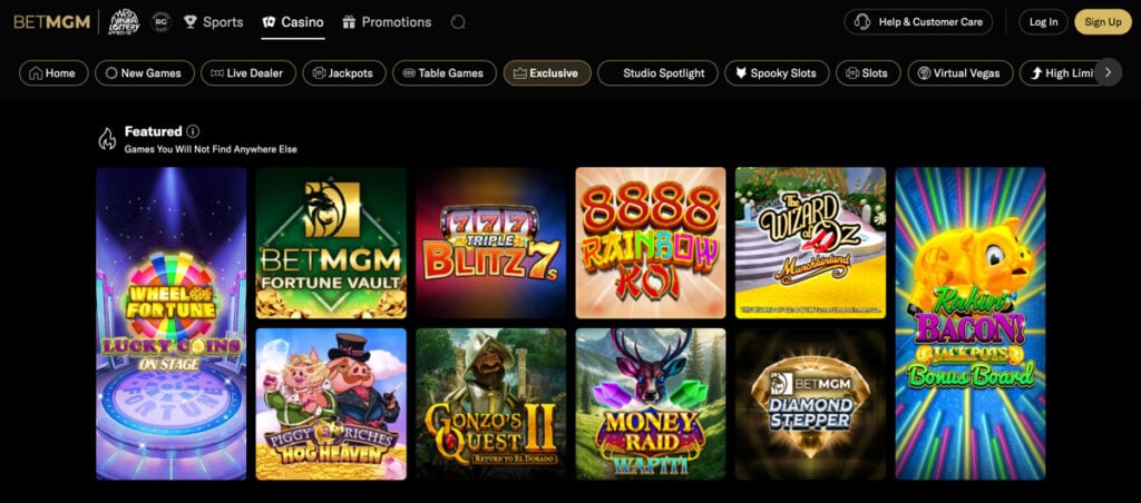 BetMGM Casino WV website homepage showing featured slot games