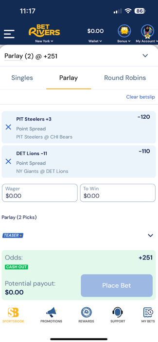 BetRivers bet slip showing options for singles, parlays, and Round Robins