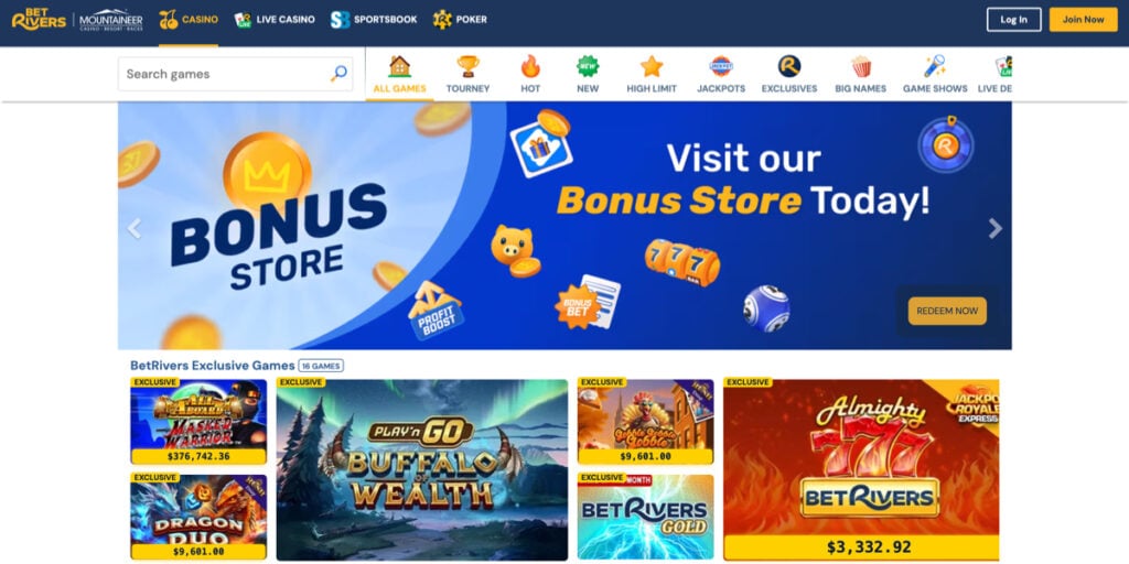 BetRivers online casino WV lobby showing exclusive games