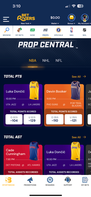 BetRivers Prop Central for player prop betting