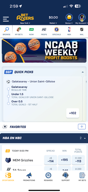BetRivers Sportsbook homepage on the iOS mobile app