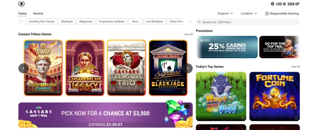 Homepage of the Caesars Palace Online Casino WV website