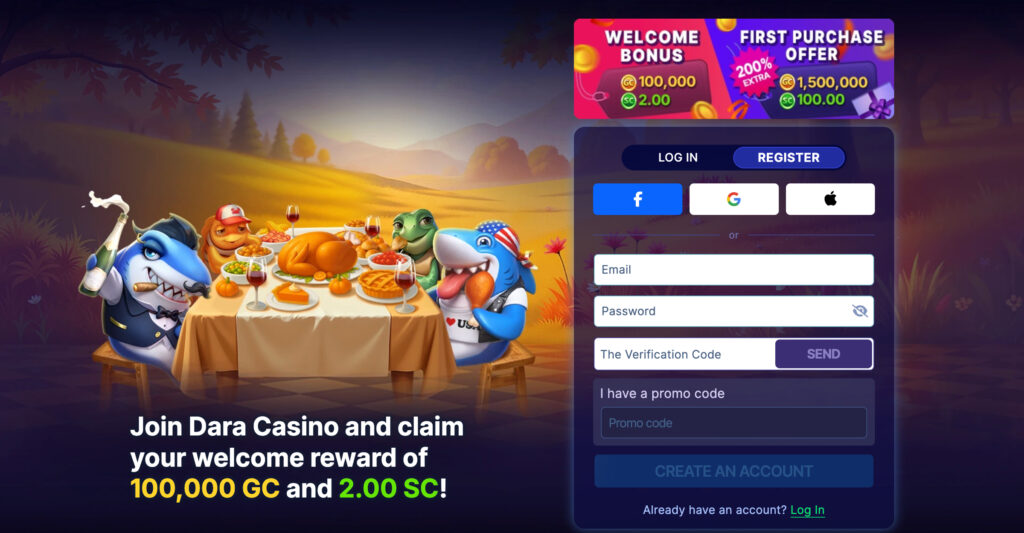 Dara Casino homepage showing welcome bonus and first-purchase offer