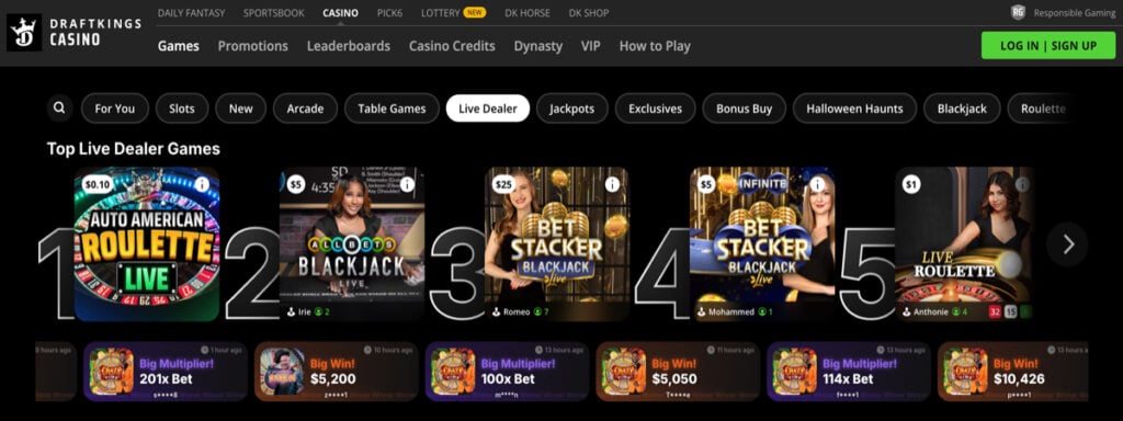 Live dealer games at DraftKings online casino West Virginia
