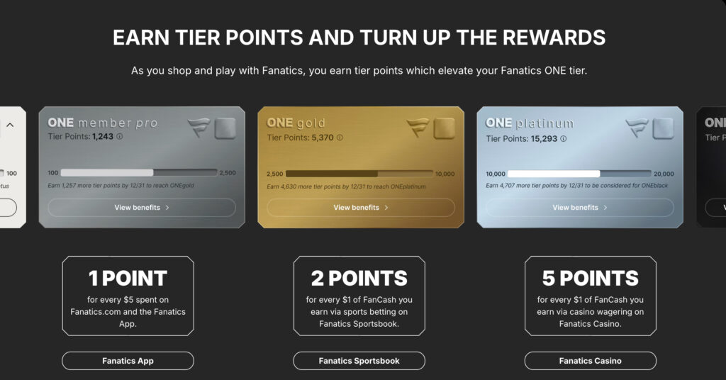Fanatics One rewards program showing tiers and how to earn points