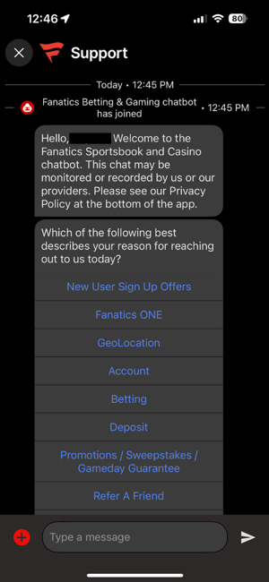 Customer support chatbot on the Fanatics Sportsbook app
