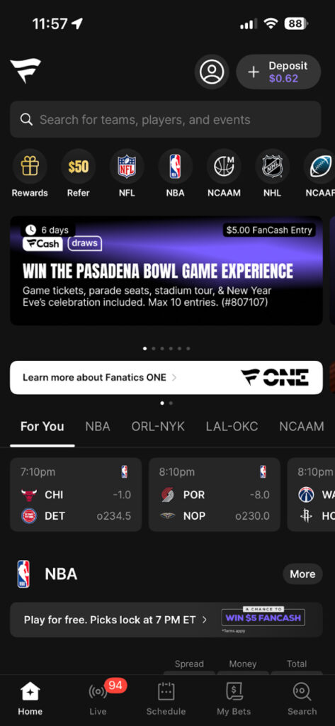 Fanatics Sportsbook home page on the iOS mobile app