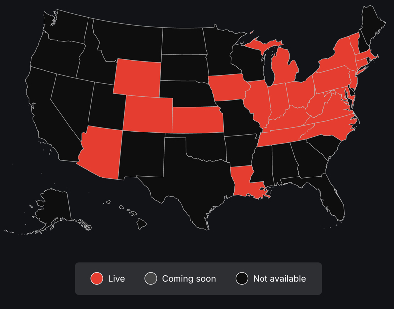 Map showing states where Fanatics Sportsbook is live and available
