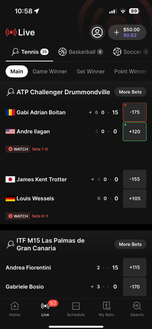 Live betting section in the Fanatics Sportsbook app