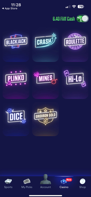 Full lineup of sweepstakes casino games on the Fliff app