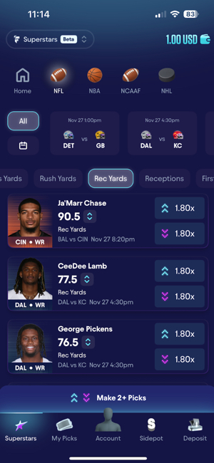 Fliff SuperStars contest with "more or less" player stat predictions