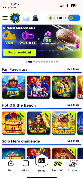 Thrillzz "Halftime" section where you can play casino games