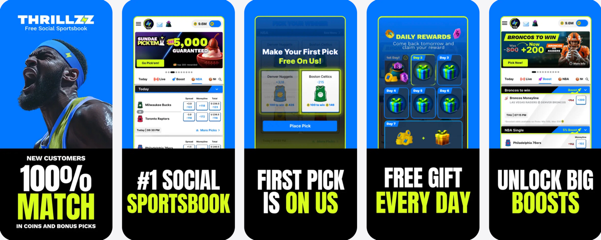 Preview of the Thrillzz Social Sportsbook mobile app for iPhones