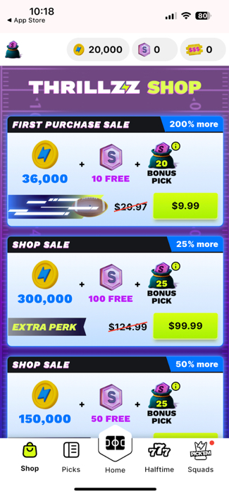 Thrillzz Shop where you can buy coins on the app